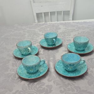Vintage Stangl Stardust Pottery Set 5 Handpainted Glazed Cups Saucers Blue